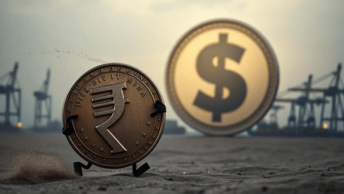 rupee-posts-longest-winning-run-in-a-year-on-exporter-flows-bank-dollar-sales A sleek, minimal financial dashboard displaying currency exchange pairs with a focus on an upward trending line chart for the Indian Rupee.